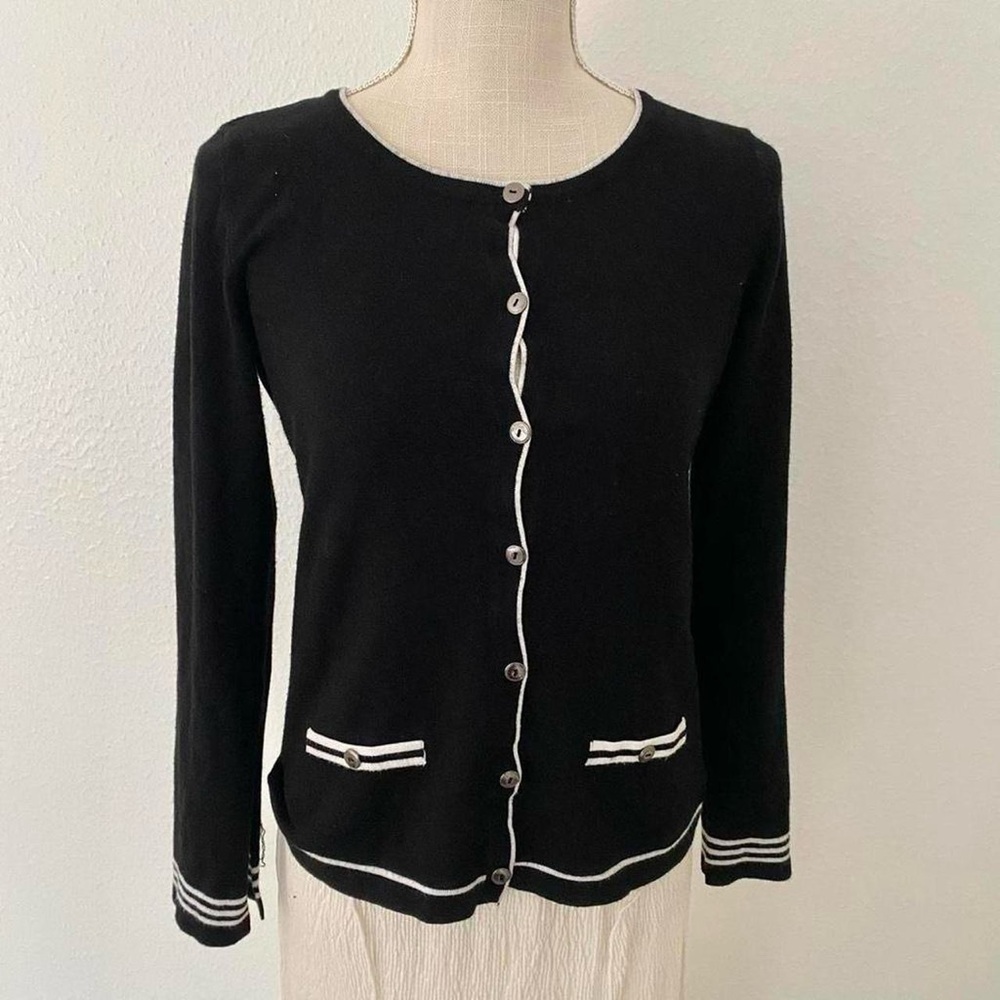 Black Crewneck Button-Front Sweater with Contrast Trim